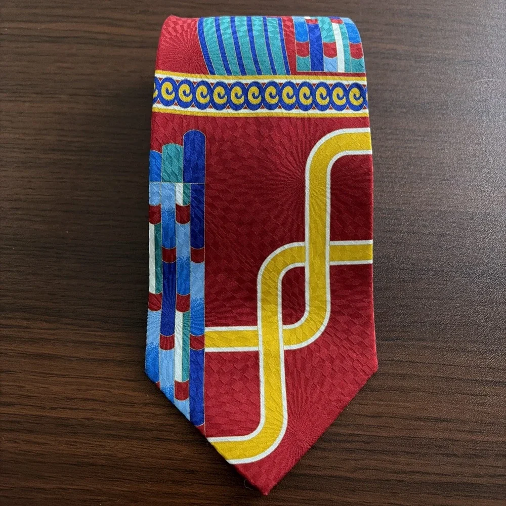 Barry Wells Silk Tie Abstract USA Made Red Blue Green 58
